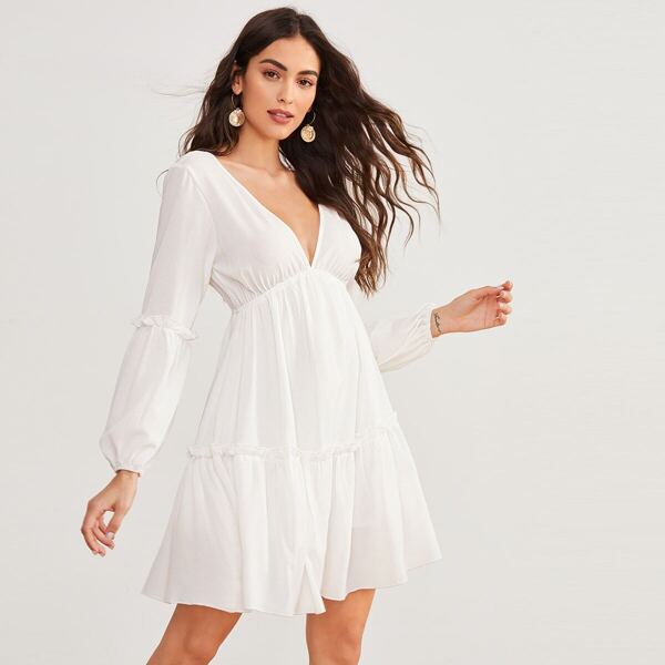 

Solid Plunge Neck Frill Trim Dress, White