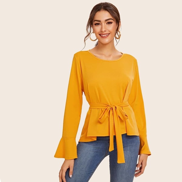 

Solid Flounce Sleeve Belted Blouse, Yellow