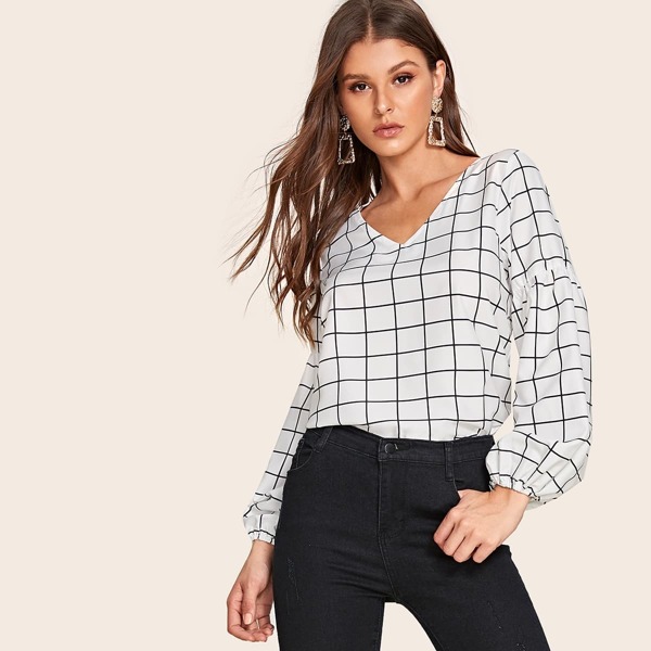 

Grid Print V-neck Bishop Sleeve Blouse