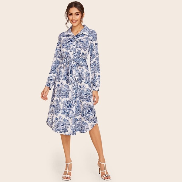 

Landscape Print Belted Shirt Dress, Blue