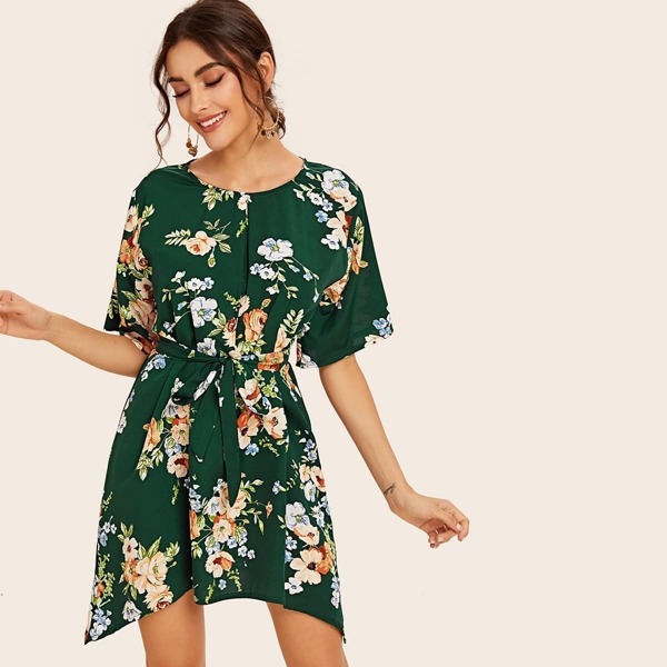 

Floral Print Self Tie Dress, Multicolor