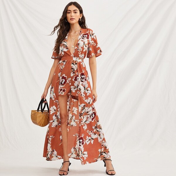 

Floral Print Plunge Neck Maxi Jumpsuit