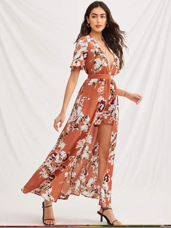 

Floral Print Plunge Neck Maxi Jumpsuit, Orange, Carol A
