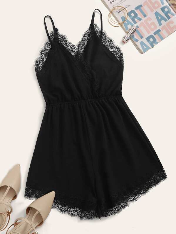 

Lace Panel Cami Romper, Black