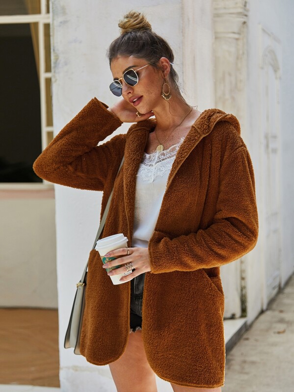 

Pocket Side Hooded Teddy Coat, Brown