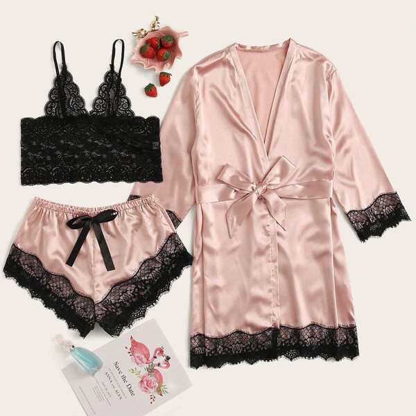 

Floral Lace Satin Lingerie Set With Robe, Pink