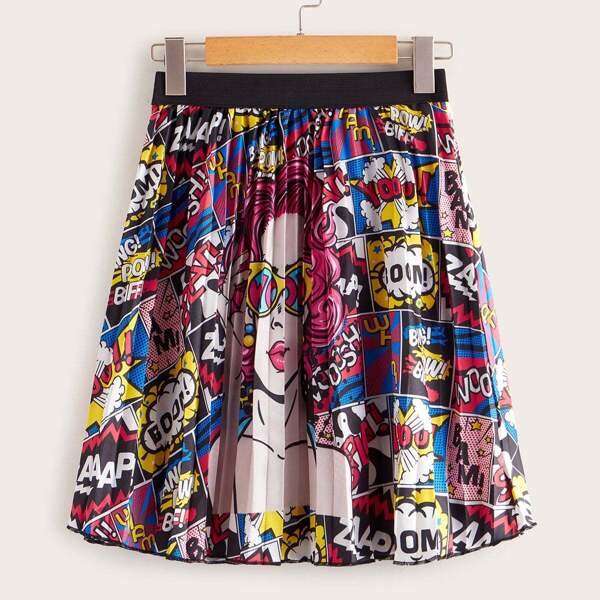 

Comic Print Contrast Elastic Pleated Skirt, Multicolor