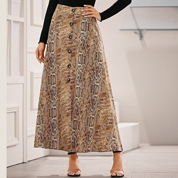 

Button Front Snakeskin Print Maxi Skirt
