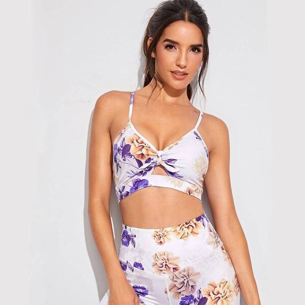 

Floral Print Tie Front Peekaboo Sports Bra