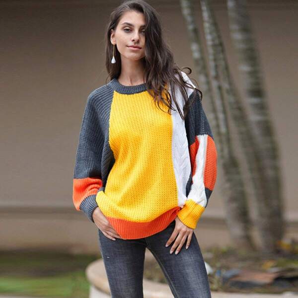 

Drop Shoulder Contrast Panel Sweater, Multicolor