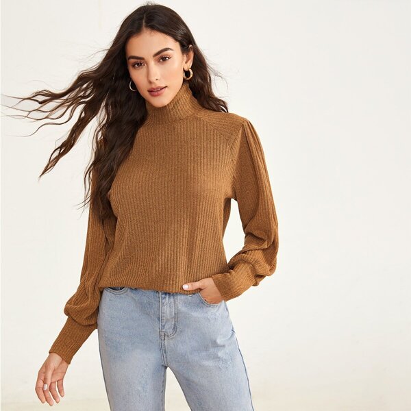 

High Neck Raglan Sleeve Sweater, Camel