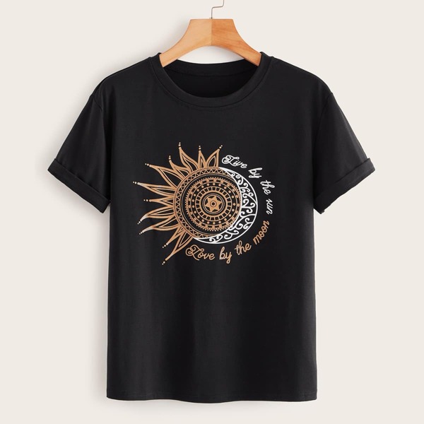 

Letter Print Rolled Sleeve Tee