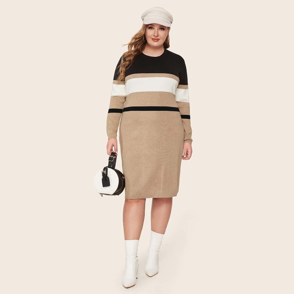 

Plus Round Neck Colorblock Sweater Dress