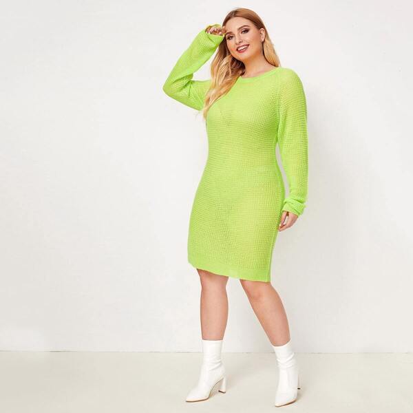 

Plus Neon Green Raglan Sleeve Sweater Dress, Green bright