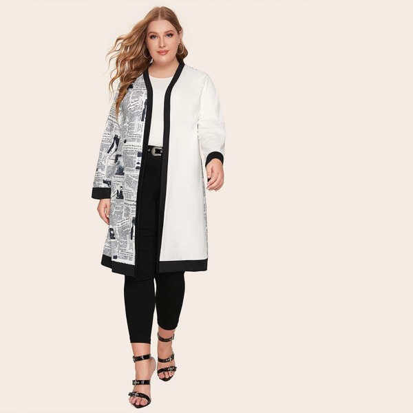 

Plus Contrast Binding Spliced Newspaper Print Coat, Black and white