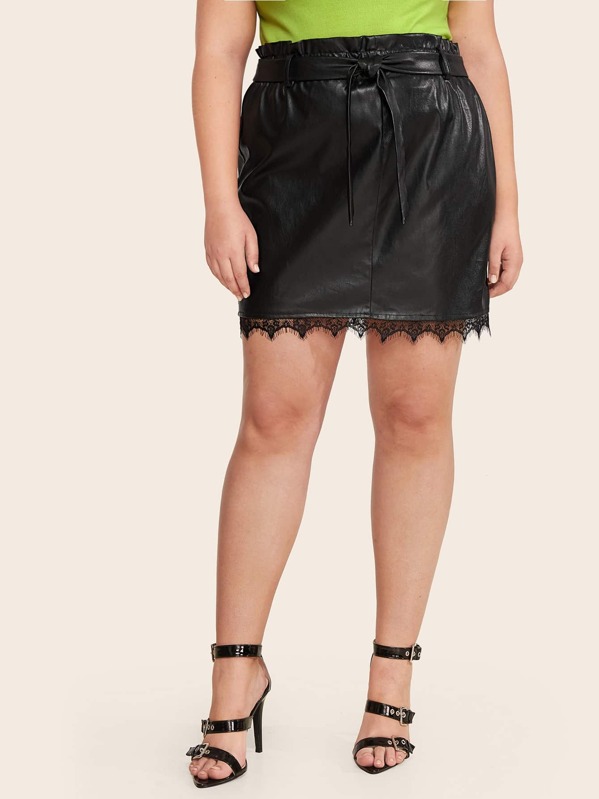 

Plus Self Tie Contrast Lace PU Skirt, Black, Stanis
