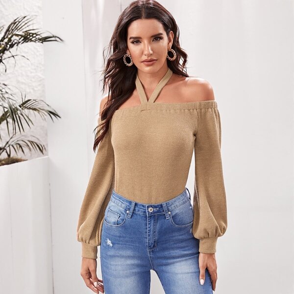 

Solid Off Shoulder Halter Bishop Sleeve Sweater, Khaki