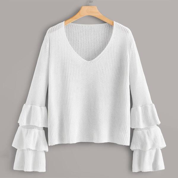 

Plus Solid Layered Flounce Sleeve Sweater, White