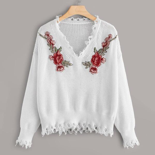 

Plus V Neck Raw Trim Appliques Sweater, White