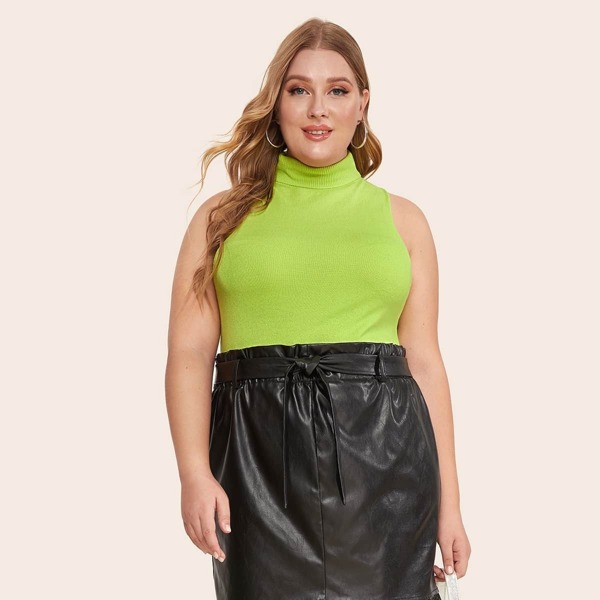 Plus High Neck Solid Neon Green Knit Top, Green bright