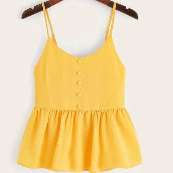 

Plus Button Shirred Back Ruffle Hem Cami Top, Yellow