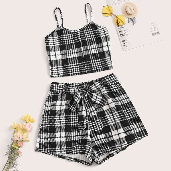 

Plaid Print Cami Top & Belted Shorts Set