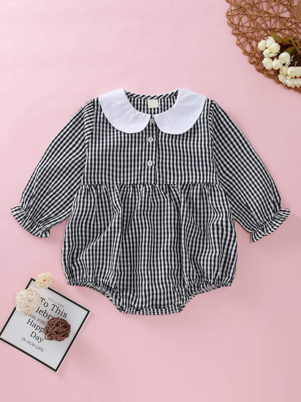 

Baby Girl Contrast Collar Gingham Romper, Black and white