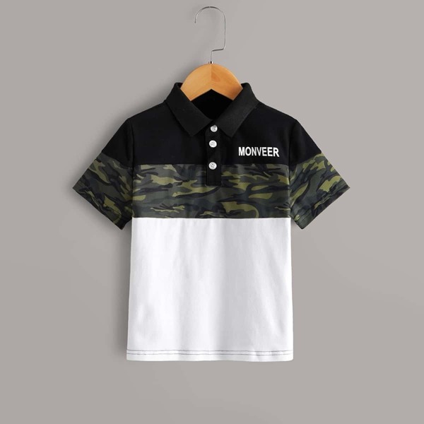 

Toddler Boys Cut And Sew Camo Pattern Polo Shirt, Black and white