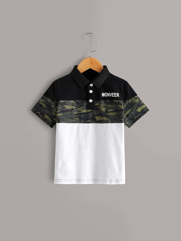 

Toddler Boys Cut And Sew Camo Pattern Polo Shirt, Black and white