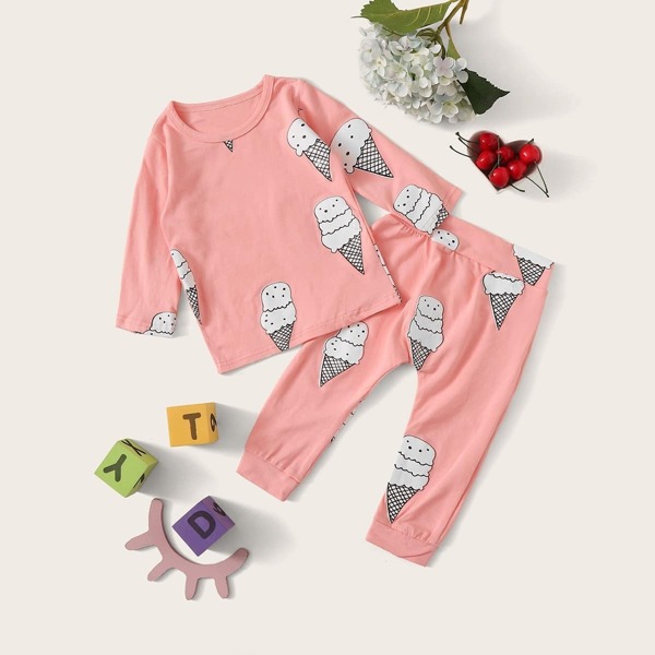 

Toddler Girls Ice-cream Print Tee With Pants, Pink