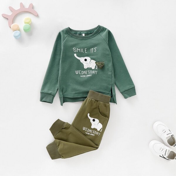 

Toddler Girls Cartoon Graphic Dip Hem Sweatshirt With Sweatpants, Multicolor