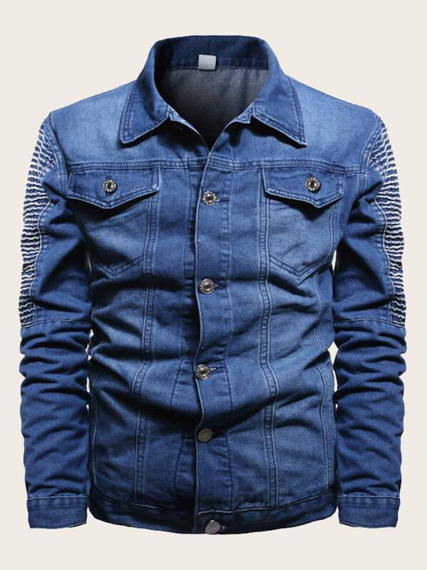 

Men Locomotive Pleats Flap Pockets Denim Jacket, Blue