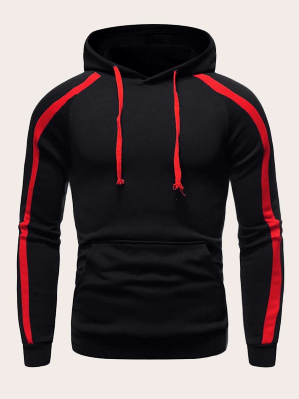 

Men Contrast Panel Raglan Sleeve Hoodie, Black