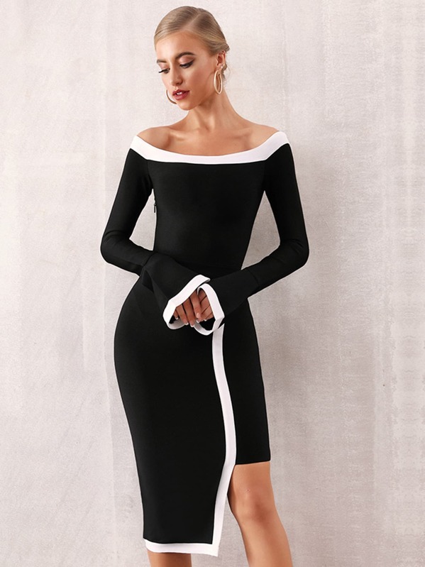 

Adyce Asymmetrical Hem Flounce Sleeve Bardot Dress, Black