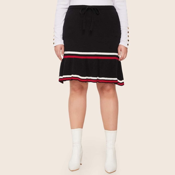 

Plus Striped Ruffle Hem Sweater Skirt, Black