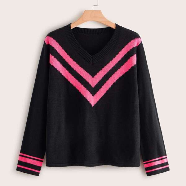 

Plus V Neck Chevron Sweater, Black