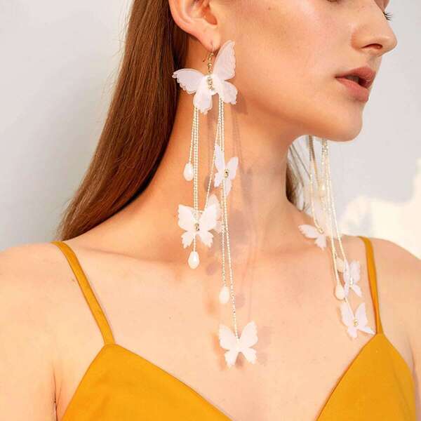 

Mesh Butterfly Drop Earrings 1pair, White