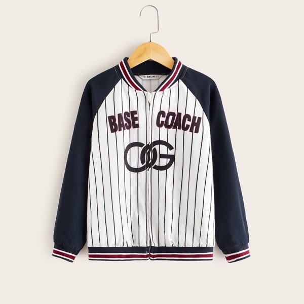 

Boys Raglan Sleeve Letter & Striped Print Jacket, Multicolor