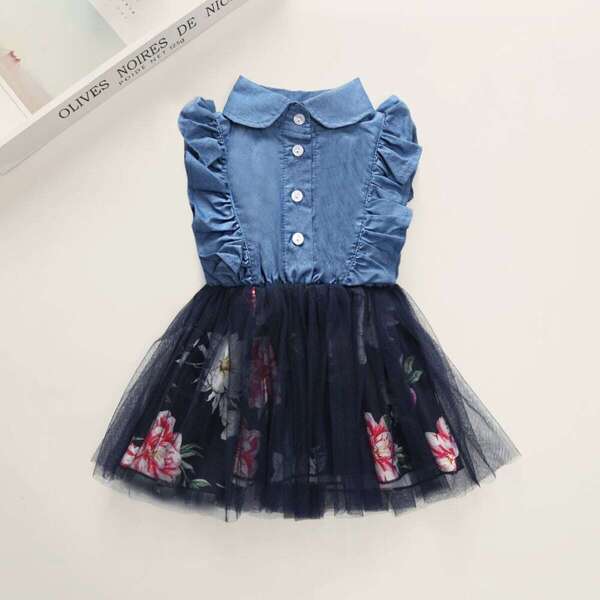 

Toddler Girls Floral Print Mesh Overlay Ruffle Trim Dress