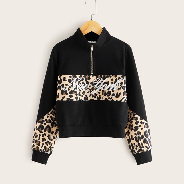 

Girls Half Zipper Front Leopard & Letter Print Pullover, Black