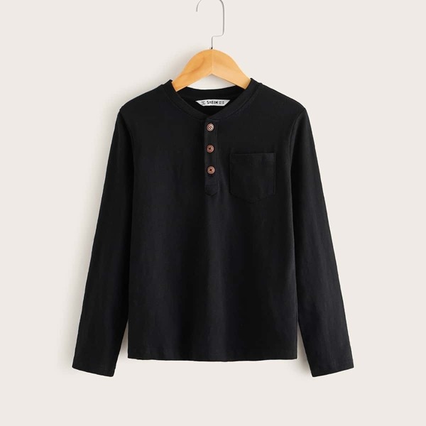 

Boys Button Front Pocket Detail Tee, Black