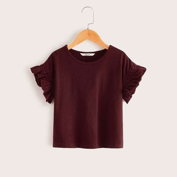 

Girls Guipure Lace Insert Ruffle Cuff Top, Burgundy
