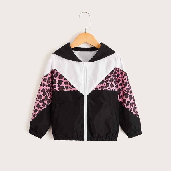

Toddler Girls Leopard Colorblock Hooded Windbreaker Jacket