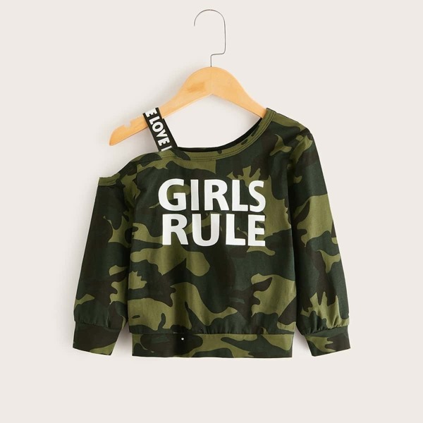 

Toddler Girls Letter Tape Asymmetrical Neck Camo Sweatshirt, Army green