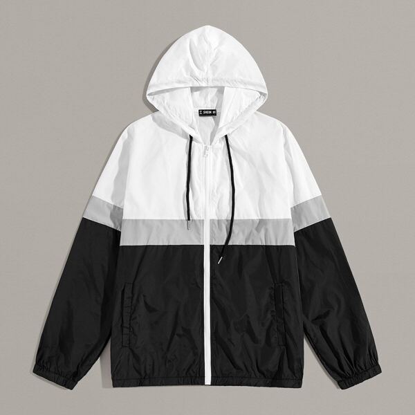 

Men Cut-and-sew Drawstring Hooded Wind Jacket, Black and white
