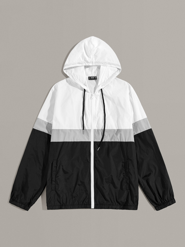 

Men Cut-and-sew Drawstring Hooded Wind Jacket, Black and white