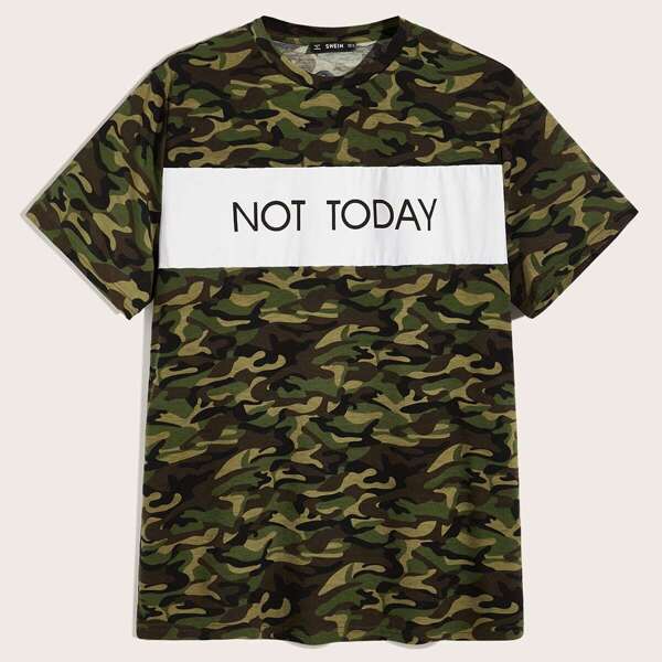 

Men Slogan Panel Camo Top