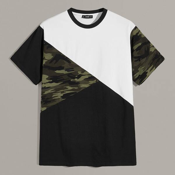 

Men Camo Print Cut-and-sew Contrast Neck Top