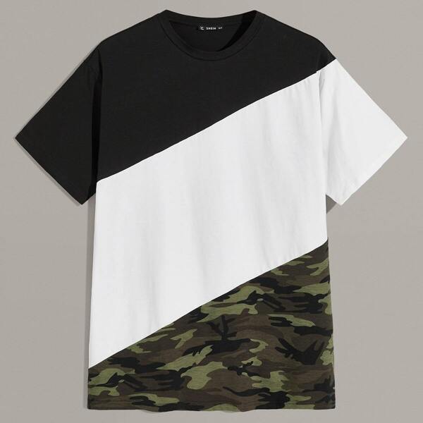 

Men Camo Print Cut-and-sew Top, Black and white