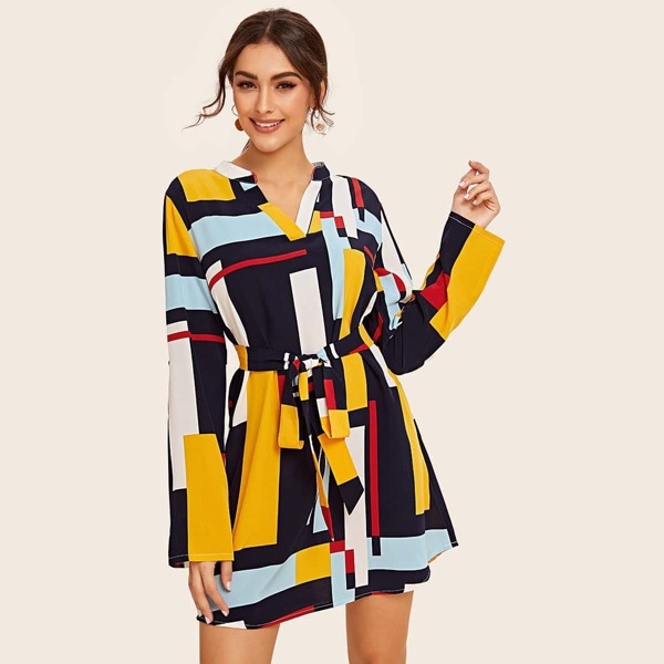 

Geo Print Color-block Belted Dress, Multicolor
